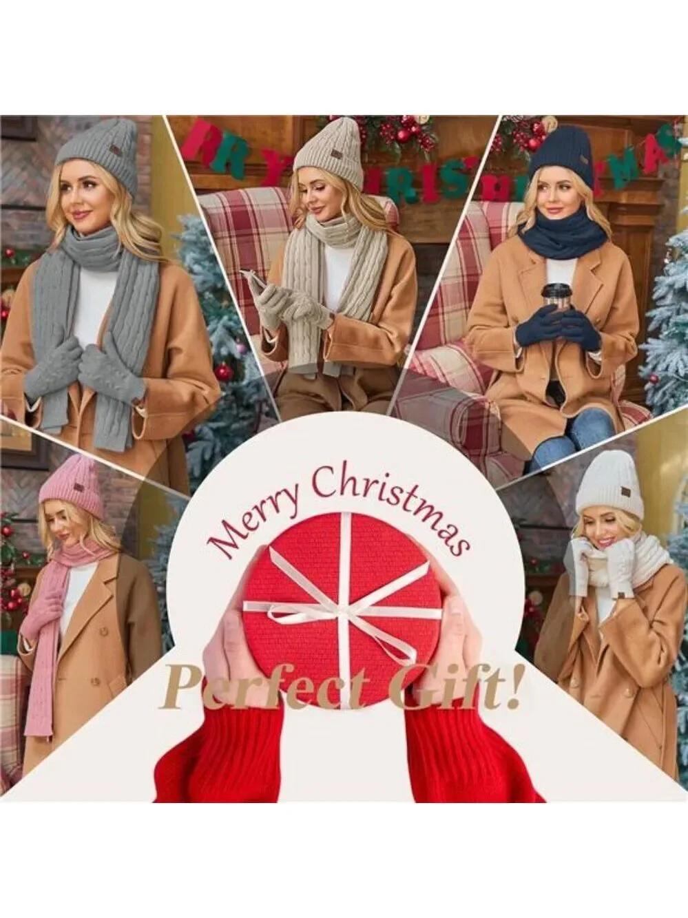 Womens winter beanie scarf gloves set warm knit fleece lined touchscreen hat gif
